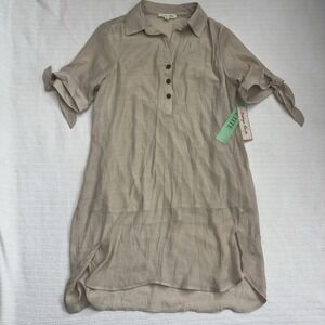 Indigo Rose Shirt Dress Petite Large Beige Hi Low Tie Sleeve Tunic NWT